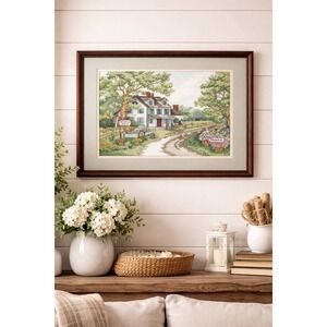 Vintage Framed Large 21"x16" Cross Stitch Spring Inn" Don Gardner #3097 Cottage